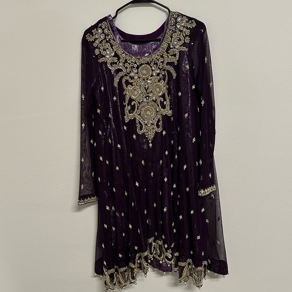 Dark Purple and Gold Three-Piece Salwar Kameez Heavy Formal Wear Size Approx. L - Picture 4 of 16